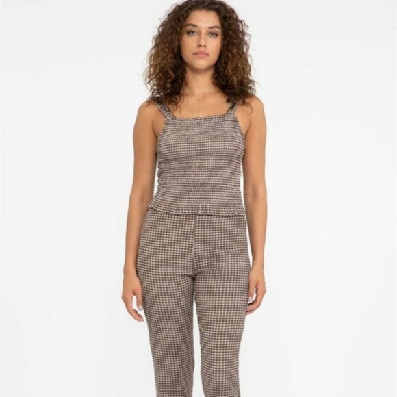 Sanctuary Westside Gingham Check Plaid Smocked Cropped Tank Top Chocolate Medium - Picture 4 of 10